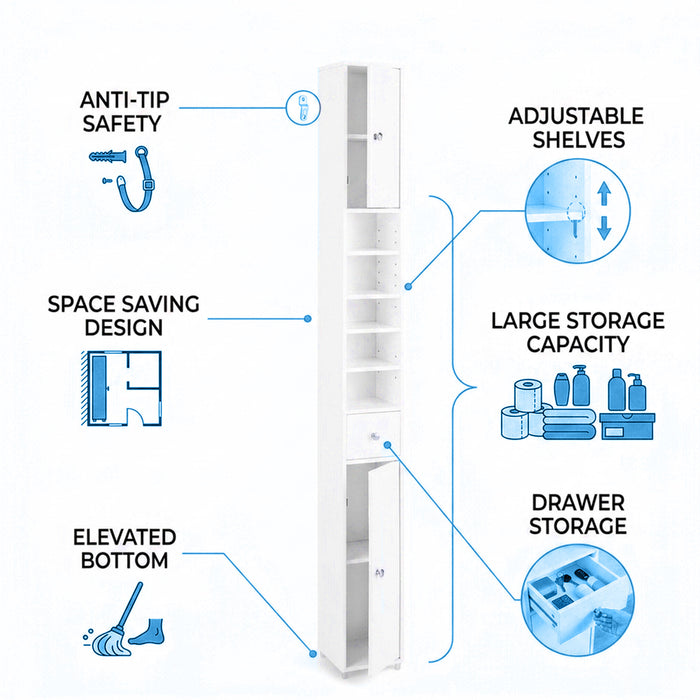 Slim Bathroom Tall Cabinet with 2 Doors 1 Drawer 5 Shelves Furniture White