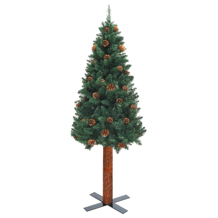 Slim Christmas Tree with Real Wood and Cones Green 210 cm PVC