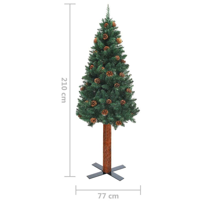 Slim Christmas Tree with Real Wood and Cones Green 210 cm PVC