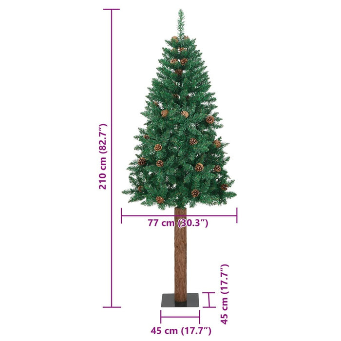 Slim Christmas Tree with Real Wood and Cones Green 210 cm PVC