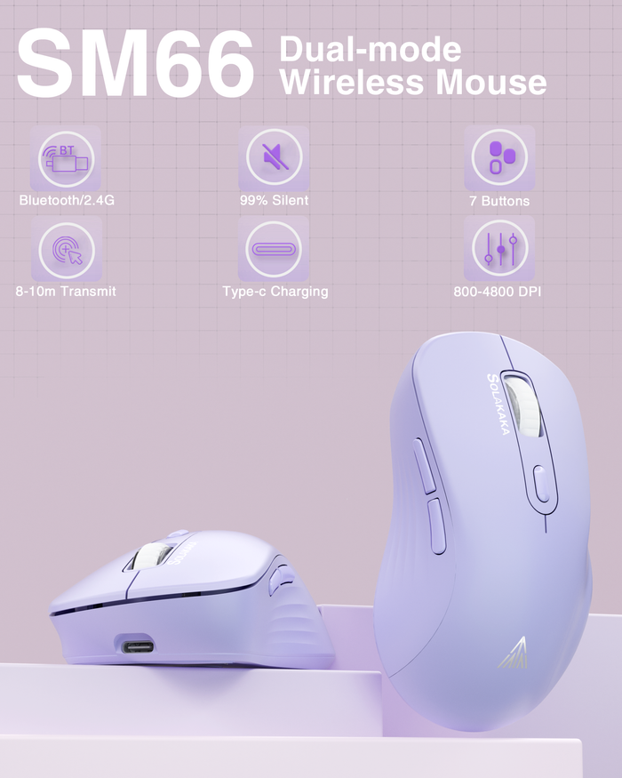 SOLAKAKA Silent Wireless Mouse Bluetooth 2.4GHz 4200 DPI 7 Buttons Purple