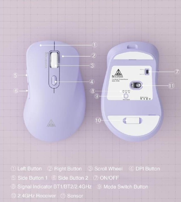 SOLAKAKA Silent Wireless Mouse Bluetooth 2.4GHz 4200 DPI 7 Buttons Purple