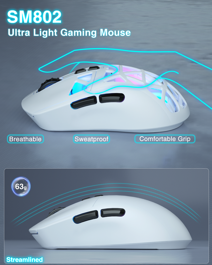 SOLAKAKA SM802 Pro Tri-Mode Gaming Mouse RGB 24000 DPI Hotswap White