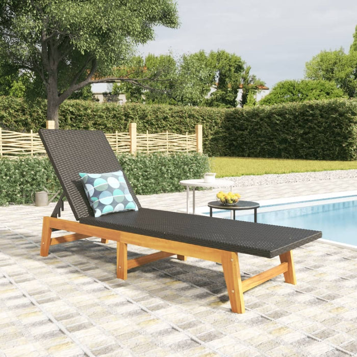 Sun Lounger Poly Rattan Solid Acacia Wood Adjustable Outdoor Patio Black Brown