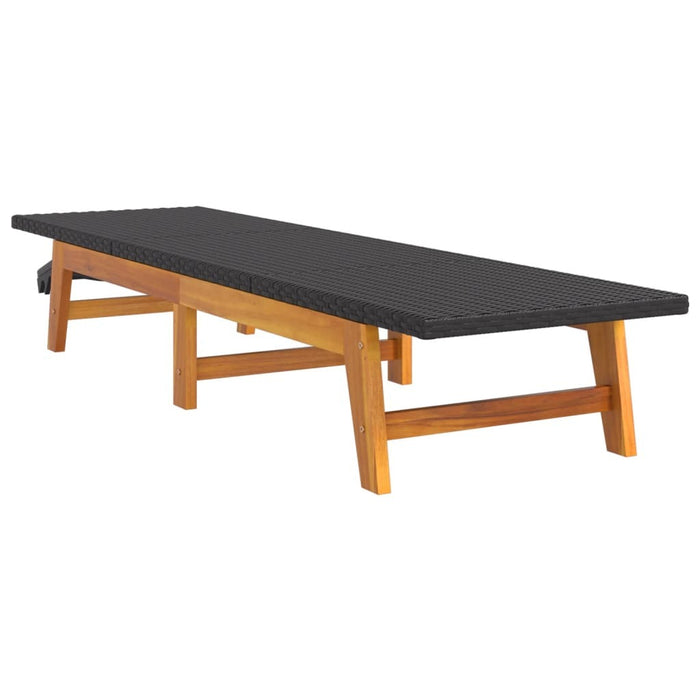 Sun Lounger Poly Rattan Solid Acacia Wood Adjustable Outdoor Patio Black Brown