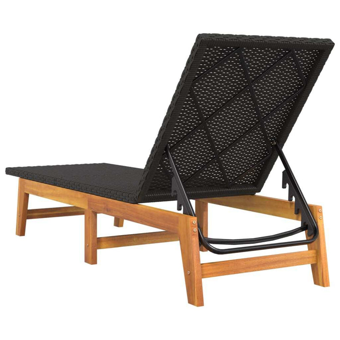 Sun Lounger Poly Rattan Solid Acacia Wood Adjustable Outdoor Patio Black Brown